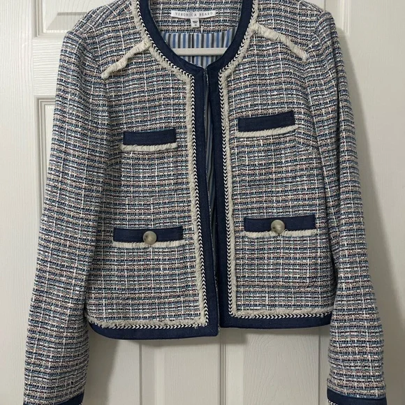 Veronica Beard Navy and Cream Tweed Blazer‎ Size 12 Business Tailored - Picture 4 of 10